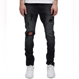 PURPLE BRAND P002 Jean 36 BLR Mid Rise Black Denim Rip Repair Distressed Paint